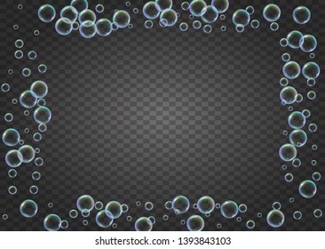 Bubble background with shampoo foam and detergent soap. Trendy spray and splash. Realistic water frame and border. 3d vector illustration invite. Isolated colorful liquid bubble background.