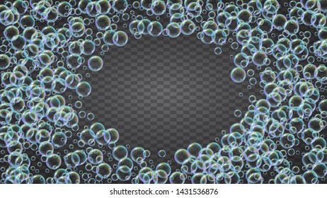 Bubble background with shampoo foam and detergent soap. Trendy spray and splash. Realistic water frame and border. 3d vector illustration banner. Isolated colorful liquid bubble background.
