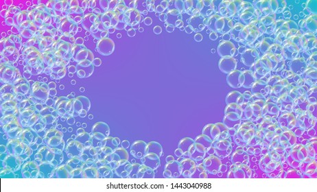 Bubble background with shampoo foam and detergent soap. Creative spray and splash. Realistic water frame and border. 3d vector illustration poster. Purple colorful liquid bubble background.