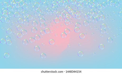 Bubble background with shampoo foam and detergent soap. Bright spray and splash. Realistic water frame and border. 3d vector illustration poster. Purple colorful liquid bubble background.