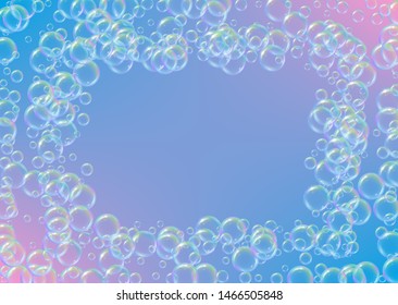 Bubble background with shampoo foam and detergent soap. Minimal spray and splash. Realistic water frame and border. 3d vector illustration poster. Rainbow colorful liquid bubble background.