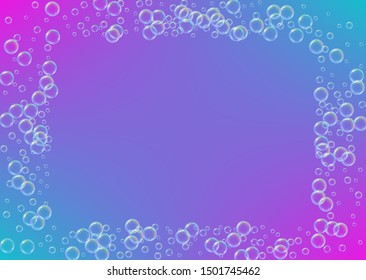 Bubble background with shampoo foam and detergent soap. Bright spray and splash. Realistic water frame and border. 3d vector illustration banner. Purple colorful liquid bubble background.