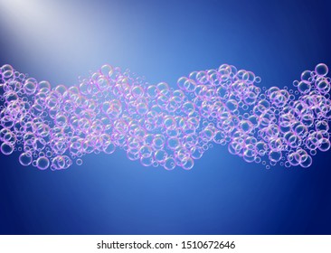 Bubble background with shampoo foam and detergent soap. Stylish spray and splash. Realistic water frame and border. 3d vector illustration poster. Blue colorful liquid bubble background.
