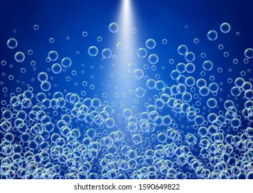 Bubble background with shampoo foam and detergent soap. Creative spray and splash. Realistic water frame and border. 3d vector illustration design. Blue colorful liquid bubble background.