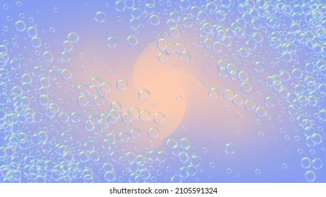 Bubble background with shampoo foam and detergent soap. 3d vector illustration concept. Blue fizz and splash. Realistic water frame and border. Rainbow colorful liquid bubble background.
