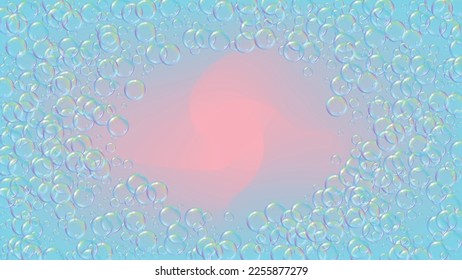Bubble background with shampoo foam and detergent soap. 3d vector illustration design. Creative spray and splash. Realistic water frame and border. Purple colorful liquid bubble background.