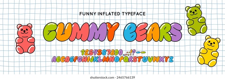 Alphabet-Schriftart für Sprechblasen. Retro aufgeblasener lustiger Schriftsatz im Y2k-Graffiti-Stil. Vektorgrafik Verspieltes Bubble Gum Alphabet. Nette Buchstaben Kinder Buch Cartoon Ästhetik. Gummibärchen Gelee Candy Stil Schriftart