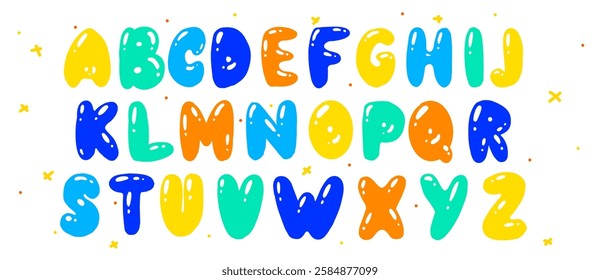 Bubble or balloon font rounded colourful typeface done with brush pen for kids or festival. party lettering trendy shapes