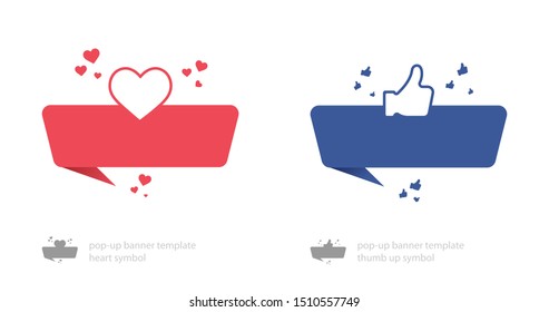 Bubble banner templates with heart and thumb up symbols, social mockup with copy space, red and blue color