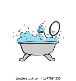 Bubble bath. Man in a bathtub with soap and shampoo foam. Hand drawn. Stickman cartoon. Doodle sketch, Vector graphic illustration