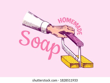 Bubble Bath soap. Hand in vintage style. Foam production process. Homemade Organic cosmetic, natural lather. Drawn a monochrome engraved sketch for spa label or banner.