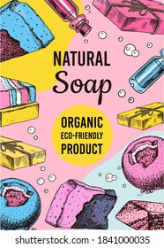 Bubble Bath soap poster or banner. Washing hands in vintage style. Homemade packaging. Organic cosmetic, natural lather. Drawn a monochrome engraved sketch for spa label or background