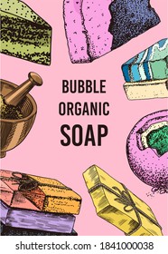 Afiche o cartel de jabón de baño de burbujas. Lavarse las manos con un estilo vintage. Embalaje casero. Cosmética orgánica, latera natural. Dibujo de un dibujo grabado monocromo para la etiqueta de spa o fondo