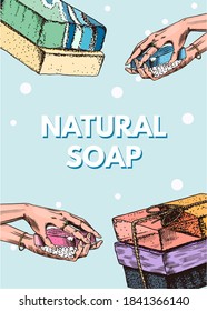 Bubble Bath soap poster or banner. Washing hands in vintage style. Homemade packaging. Organic cosmetic, natural lather. Drawn a monochrome engraved sketch for spa label or background