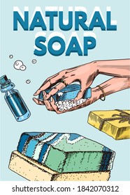 Bubble Bath soap poster or banner. Washing hands in vintage style. Homemade packaging. Organic cosmetic, natural lather. Drawn a monochrome engraved sketch for spa label or background