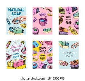 Afiche o cartel de jabón de baño de burbujas. Lavarse las manos con un estilo vintage. Embalaje casero. Cosmética orgánica, latera natural. Dibujo de un dibujo grabado monocromo para la etiqueta de spa o fondo