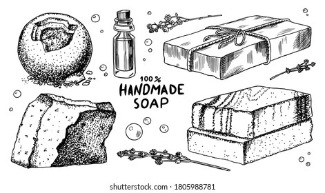 Bubble Bath soap set. Washing hands in vintage style. Homemade packaging. Foam production process. Organic cosmetic, natural lather. Drawn a monochrome engraved sketch for spa label or banner.