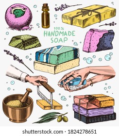 Bubble Bath soap set. Washing hands in vintage style. Homemade packaging. Foam production process. Organic cosmetic, natural lather. Drawn a monochrome engraved sketch for spa label or banner.