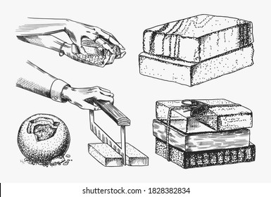 Bubble Bath soap set. Washing hands in vintage style. Homemade packaging. Foam production process. Organic cosmetic, natural lather. Drawn a monochrome engraved sketch for spa label or banner.