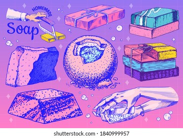 Bubble Bath soap set. Washing hands in vintage style. Homemade packaging. Foam production process. Organic cosmetic, natural lather. Drawn a monochrome engraved sketch for spa label or banner.