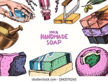 Bubble Bath soap set. Washing hands in vintage style. Homemade packaging. Foam production process. Organic cosmetic, natural lather. Drawn a monochrome engraved sketch for spa label or banner.