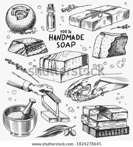 Bubble Bath soap set. Washing hands in vintage style. Homemade packaging. Foam production process. Organic cosmetic, natural lather. Drawn a monochrome engraved sketch for spa label or banner.