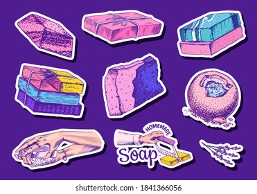 Bubble Bath soap sticker. Washing hands in vintage style. Homemade packaging. Foam production process. Organic cosmetic, natural lather. Drawn a monochrome engraved sketch for spa label or banner.