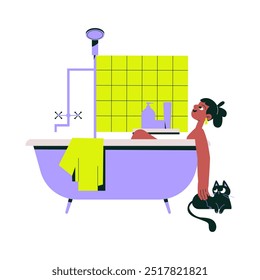 Baño de burbujas con una mujer relajándose en la bañera, acompañada de un gato y artículos esenciales de baño. Ilustración vectorial plana que representa el cuidado personal, la relajación y el bienestar.