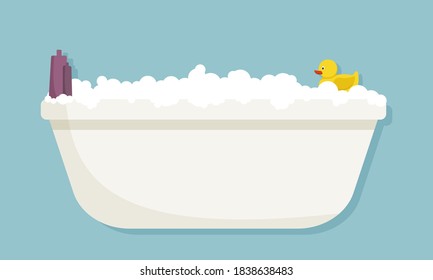 Bubble bath with yellow rubber duck. Bathtub isolated on blue background. Vector flat illustration
