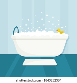 Bubble bath with yellow rubber duck. Bathtub and mat in bathroom. Vector flat illustration