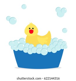 Bubble bath. Yellow rubber duck bird toy. Bathtub with soup bubbles. Cute cartoon baby character. Flat design. White background. Vector illustration
