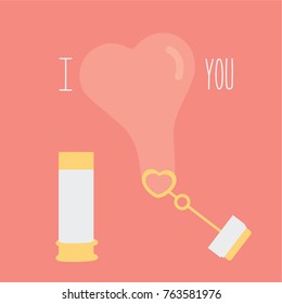 Bubble Blower simple isolated vector with cartoon Heart shaped bubble flat design creative & concept idea on a pink background for valentines day & text i love you greeting card or clean post card