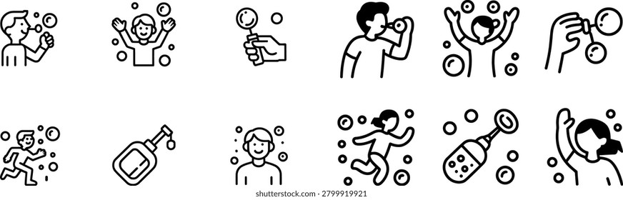 Bubble blowing icons set. collection features children and adults engaged in blowing bubbles, along with bubble wands and soap bottles. ideal for childhood, fun, play, and outdoor activity themes.