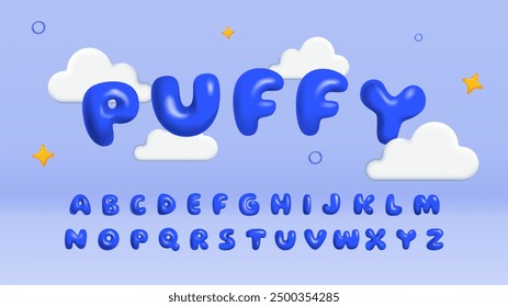 Bubble blue font. Typography template for posters and banners, greeting postcards. Baby shower card. Puffy inscription and alphabet. Flat vector collection isolated on violet background