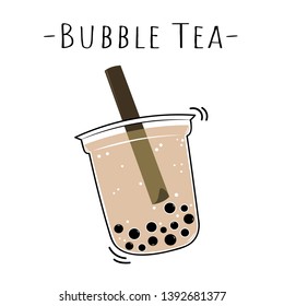 Bubble (Boba) milk tea drink doodle colorful hand drawn cartoon illustration flat vector design.