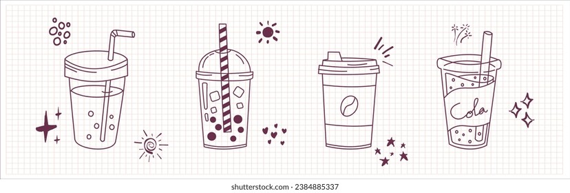 Bubble Boba milk tea, Pearl milk tea, Yummy drinks, coffees and soft drinks doodle style. Cute vector illustration of hot and iced coffee to go cup hand drawn set