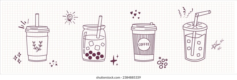 Bubble Boba Milchtee, Perlmilchtee, Yummy Drinks, Kaffee und Softdrinks Doodle-Stil. Cute Vektorgrafik von heißem und eisgekühltem Kaffee bis zum handgezeichnet gezogenen Set