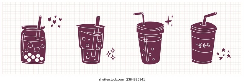 Bubble Boba Milchtee, Perlmilchtee, Yummy Drinks, Kaffee und Softdrinks Doodle-Stil. Cute Vektorgrafik von heißem und eisgekühltem Kaffee bis zum handgezeichnet gezogenen Set