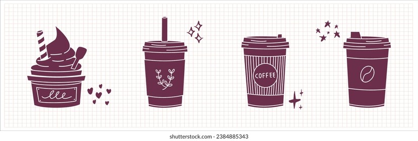 Té de leche Boba de burbuja, té de leche de perla, bebidas deliciosas, cafés y el estilo de doodle de refrescos. Ilustración vectorial de café caliente y helado para ir un set dibujado a mano