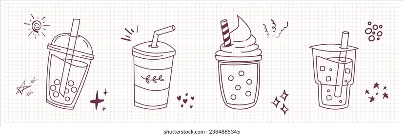 Bubble Boba milk tea, Pearl milk tea, Yummy drinks, coffees and soft drinks doodle style. Cute vector illustration of hot and iced coffee to go cup hand drawn set