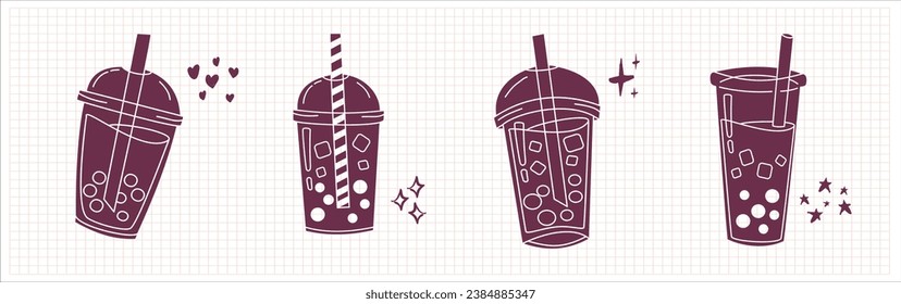 Bubble Boba milk tea, Pearl milk tea, Yummy drinks, coffees and soft drinks doodle style. Cute vector illustration of hot and iced coffee to go cup hand drawn set