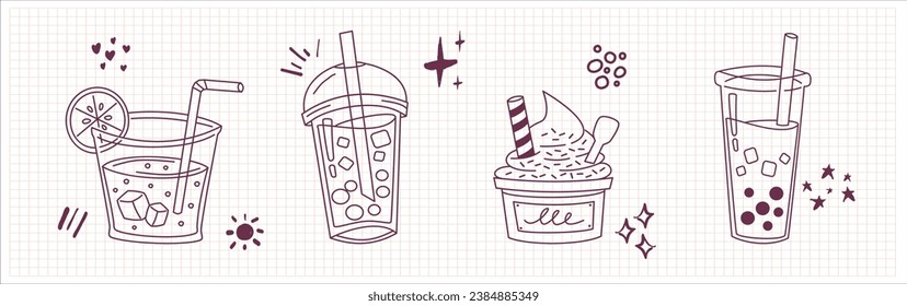 Bubble Boba milk tea, Pearl milk tea, Yummy drinks, coffees and soft drinks doodle style. Cute vector illustration of hot and iced coffee to go cup hand drawn set