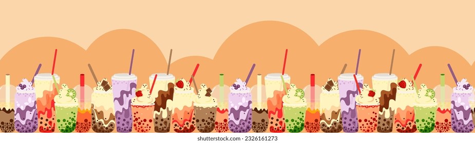 Bubble or boba tea in different cups vector seamless long banner isolated on pink background.
