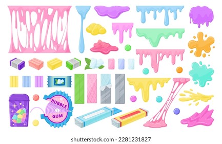 La burbuja estalló. Escamas y manchas de goma de caricatura, empaque de chicle, arándanos de mascar y correa de bubblegum, conjunto de ilustración vectorial plana. Colección de gomas dulces