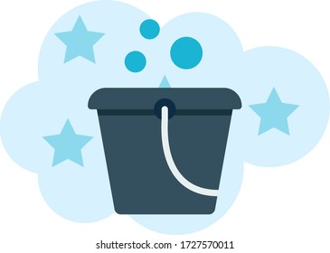Bubble Bucket Flat Design, Home Cleaning Service Sign Vector,  Janitorial Supplies Color Icon Design, Plastic Soapy Tub on Stars background