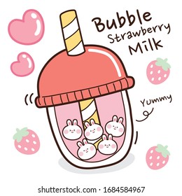 Bubble bunny hand drawn. Bubble milk tea. Strawberry and heart cartoon background. Cute rabbit bubble Strawberry milk design. Yummy writing. Vector. Illustration.