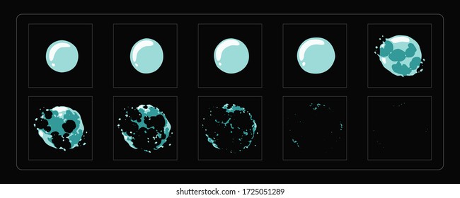 Bubble Burst Explosion Animation. Water Bubble Burst Effect Sprite Sheet For Games, Cartoon Or Animation And Motion Design. Eps-10 Vector Illustration.