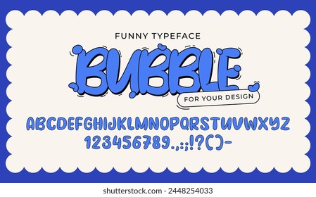 Bubble cartoon funny style font design. Alphabet letters, numbers and punctuation marks. Flat vector typeface for your design.