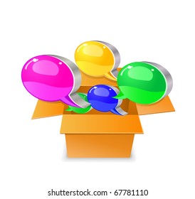 Bubble chat boxes  out from carton box. Vector illustration isolated on white background.