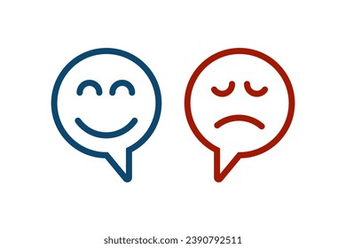 Bubble chat with character face smile and sad. Symbol comment or message good and bad. Vector line style on white background.